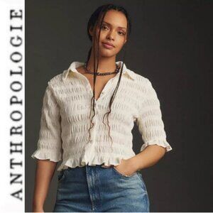 MAEVE Anthropologie Smocked Button Front Top Ivory Natural Cottagecore Chic 2X